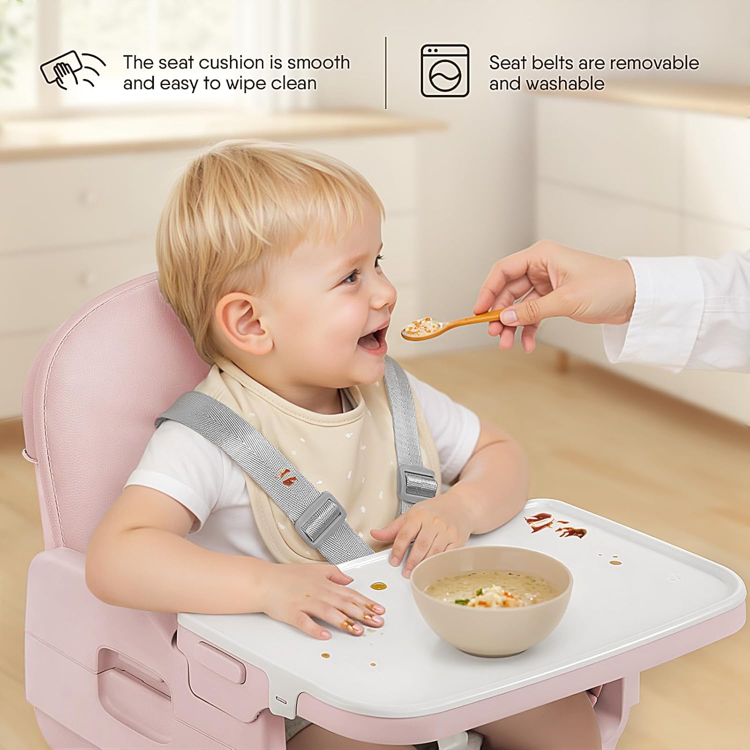 Obee Odee 3-in-1 Portable Baby High Chair for Babies and Toddlers, Convertible Easy Clean Infant Foldable Highchair with Adjustable Legs & Dishwasher Safe Tray, Pink