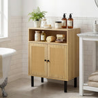 Narrow Storage Cabinet with Rattan Doors, 32" Tall Small Cabinet for Bathroom, Small Space Hallway Entryway, Free-Standing Sideboard for Laundry Room Kitchen, Easy Assembly(Dark Oak)