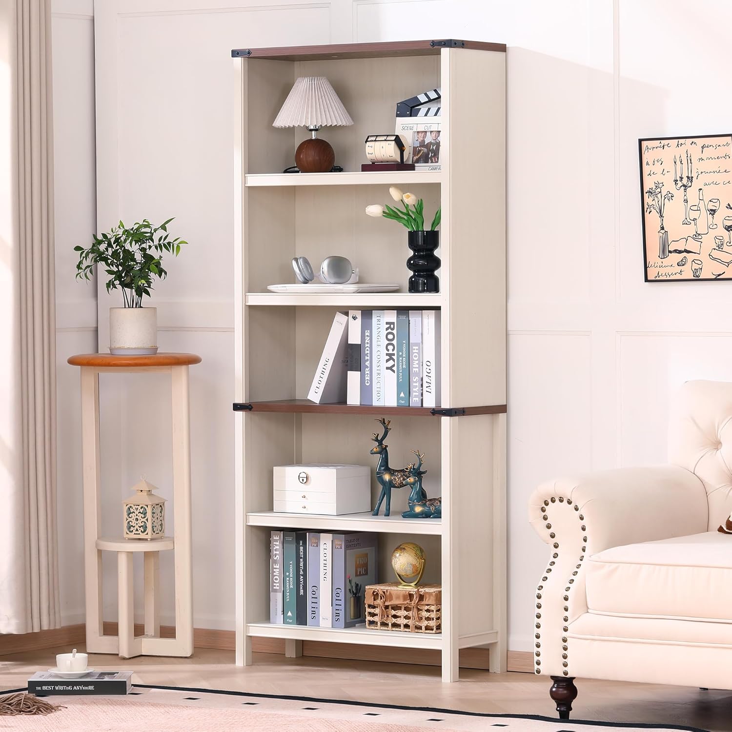 71" Tall Bookshelf, 5-Tier Farmhouse Bookcase, Free Standing Display Shelf & Storage Organizer for Living Room, Home Office, Bedroom,Antique White.