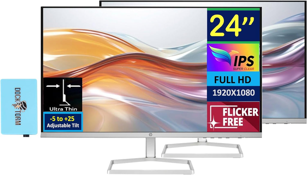 HP Series 5 524sw 24" 300 nits IPS FHD Monitor (Replaces M24FW) Adjustable Tilt  Flicker Free  Anti-glare  Ultra-thin  Low-Blue Light Filter  1x HDMI  White/Silver w/DKZ Hub USB Port Expander (2 Pack)