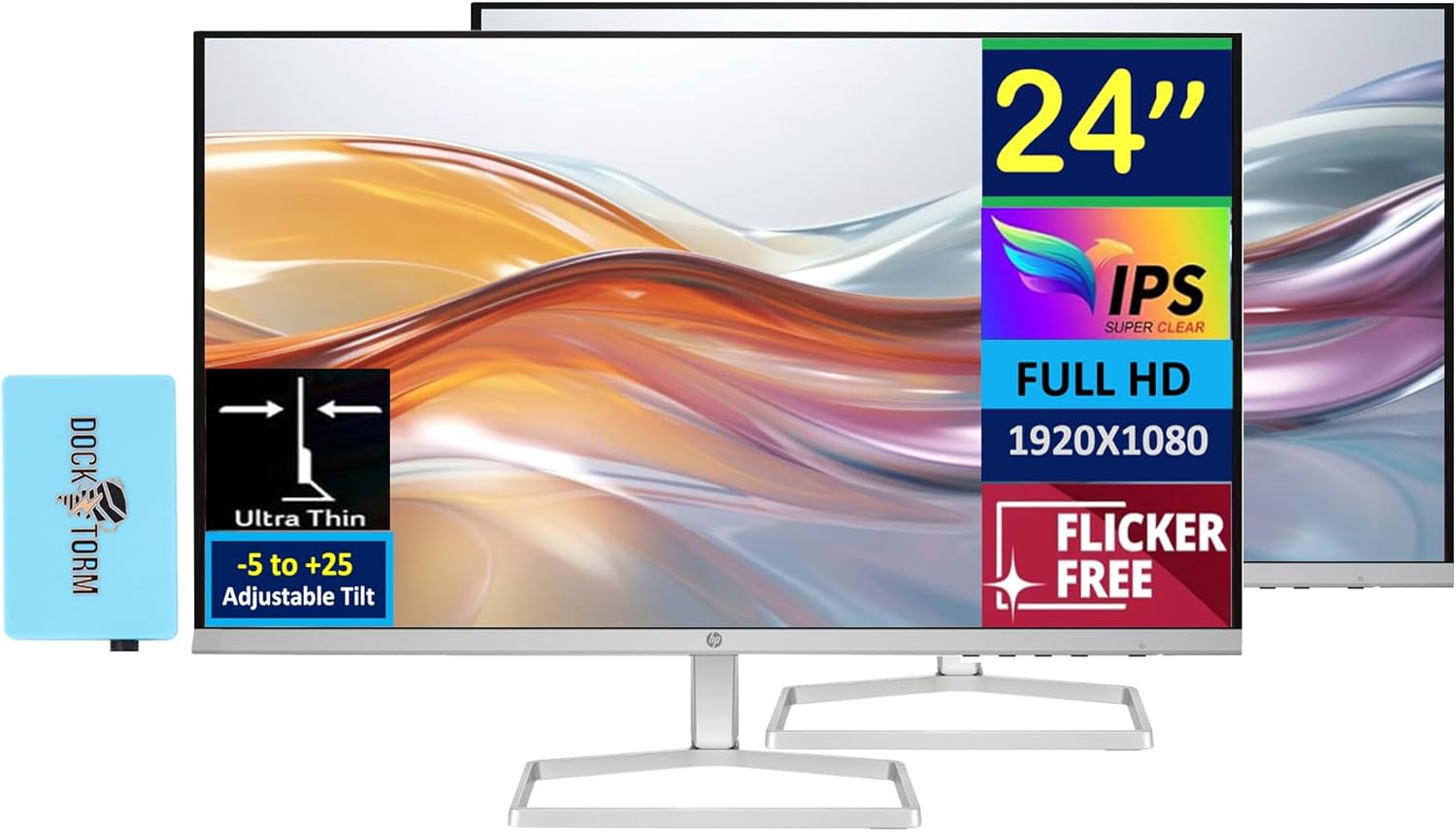 HP Series 5 524sw 24" 300 nits IPS FHD Monitor (Replaces M24FW) Adjustable Tilt  Flicker Free  Anti-glare  Ultra-thin  Low-Blue Light Filter  1x HDMI  White/Silver w/DKZ Hub USB Port Expander (2 Pack)