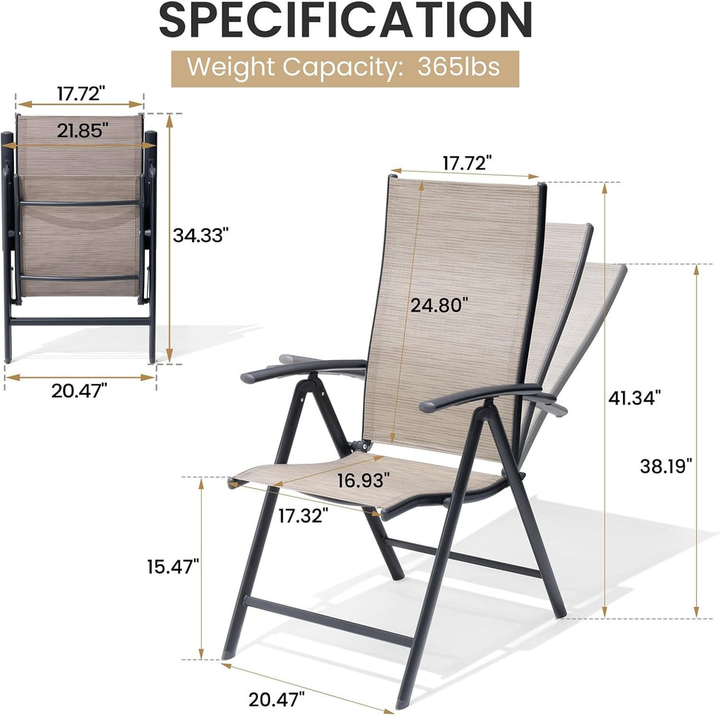 Crestlive Products Folding Patio Chairs Set of 2, 7-Level Adjustable Recliner High Back Foldable Outdoor Chairs Lawn Chairs for Pool, Backyard, Brown