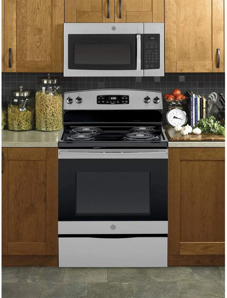 GE JVM3160RFSS 30" OTR Microwave, 1.6 cu ft, 1000W, 300 CFM Hood Vent, LED Lighting, Auto Defrost, Easy Mount Install, Stainless Steel