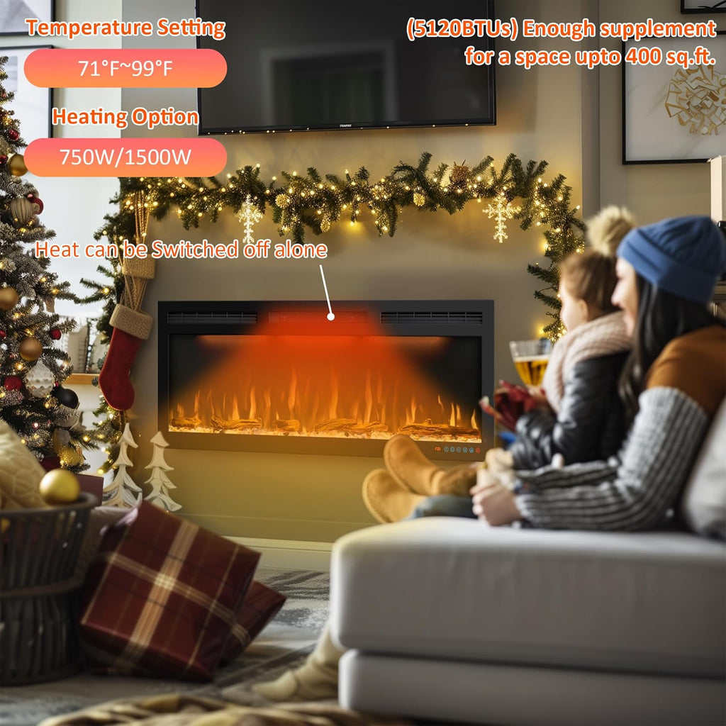 72 inches Electric Fireplace, Recessed and Wall Mounted Fireplace Heater and Linear Fireplace Inserts, Adjustable Heaing& Remote Control& Touchscreen, Multicolor Flame & Realistic logs,1500W, Black