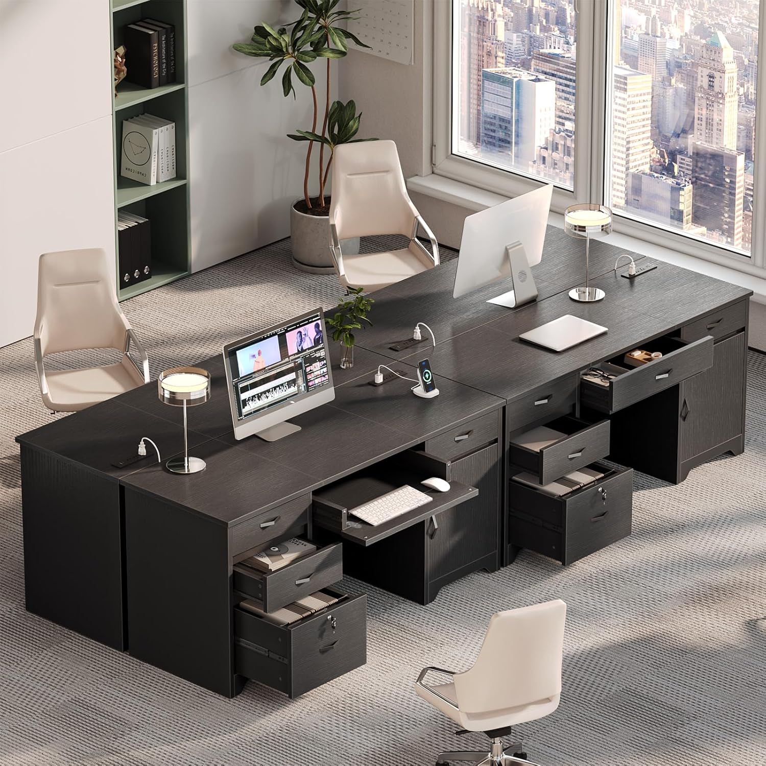 Bestier 59” Office Desk with Lockable Drawers, Modern Computer Desk with File Drawer, Charging Station & Drop-Front Keyboard Drawer, Executive Desk with Storage Cabinet for Home Office & Studio, Black