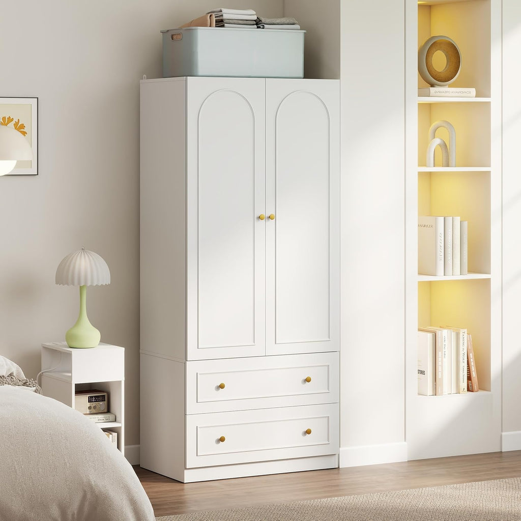 GOODONE Wooden Armoire Wardrobe Closet - 71" Tall Bedroom Armoires with 2 Doors and 2 Drawers, Modern Wardrobe Cabinet with Removable Hanging Rod, White