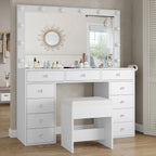 Vanity Desk & Power Outl, Makeup Vanity with Mirror and 12 LED Lights, Makeup Table with 11 Drawers, Vanity Table with Chair,Set 3 Lighting Modes Brightness Adjustable-(White)