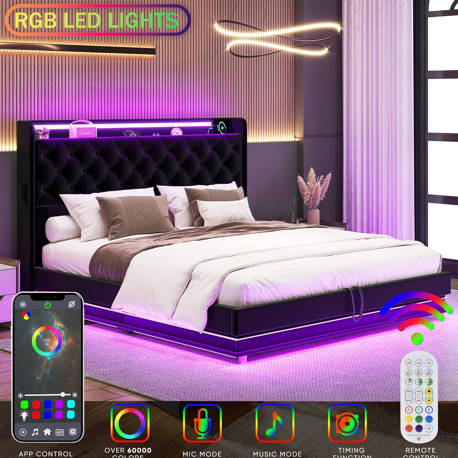 Lift Up Storage Bed Full, Bed Frame Full Size with Charging Station & Led Lights, Upholstered Storage Bed with Wingback 2-Tier Bookcase Headboard, Hydraulic Lift, No Box Spring Needed,Black | lift up bed, breathable material