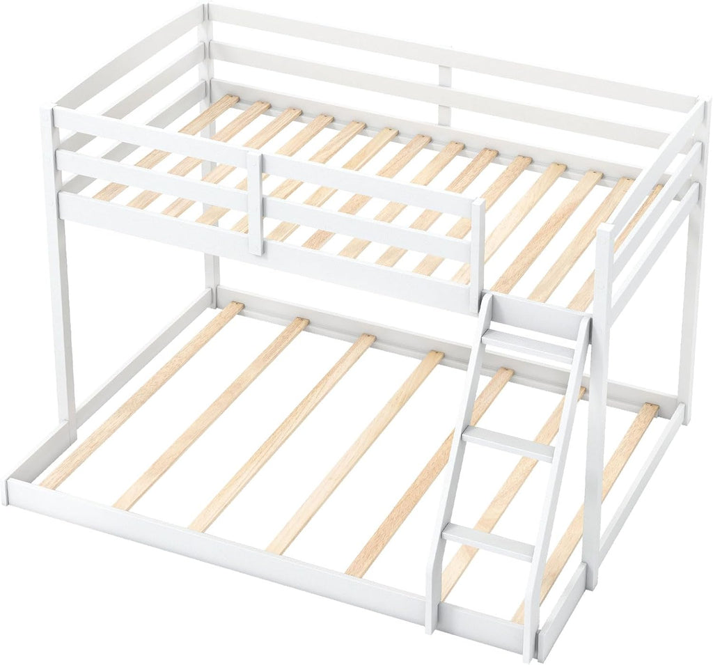 Giantex Twin Over Full Bunk Bed, Solid Wood Kids Bunk Bed with Full-Length Guardrails & Ladder, Low Bunk Beds with Slats Support for Kids, Teens, No Box Spring Needed, White