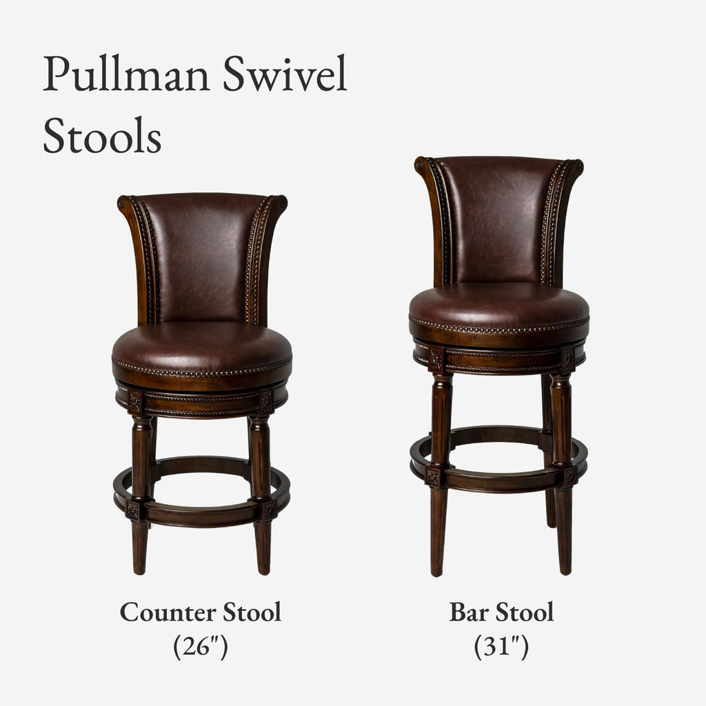 Maven Lane Pullman Bar Stool 31 Inches – Set of 4 – Swivel Stools with Footrest – Dark Brown Solid Wood Frame & Brown Faux Leather Upholstery – Perfect for Bars, Pub Tables & Tall Kitchen Counters