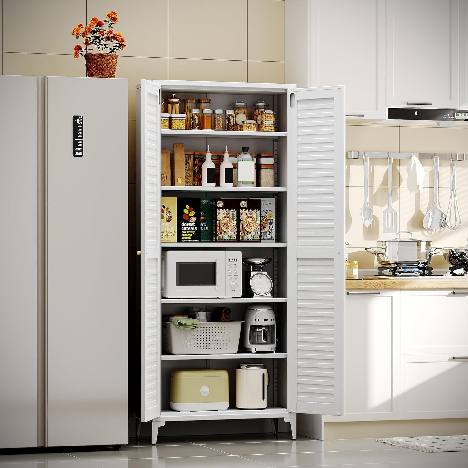 Metal Kitchen Pantry Cabinet with 2 Doors,Metal Pantry Cabinet with 5 Adjustable Shelves for Kitchen,Home,74.2" H × 31.5" W × 15.75" D,Required Assembly, White