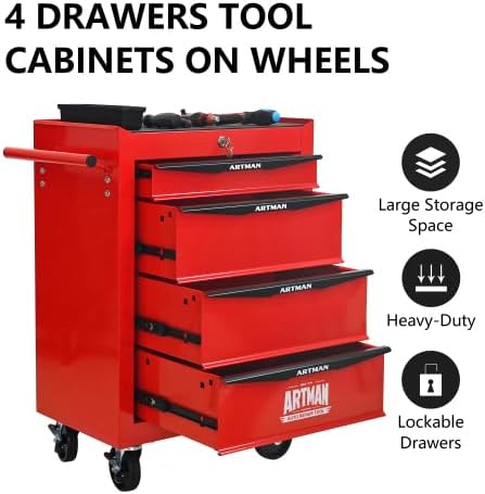 Rolling Metal Tool Chest with 4 Drawers, 20" 4-Drawer Tool Chest Cabinet with Ball Bearing Drawer Slides, Steel Tool Storage Box Organizer -Red