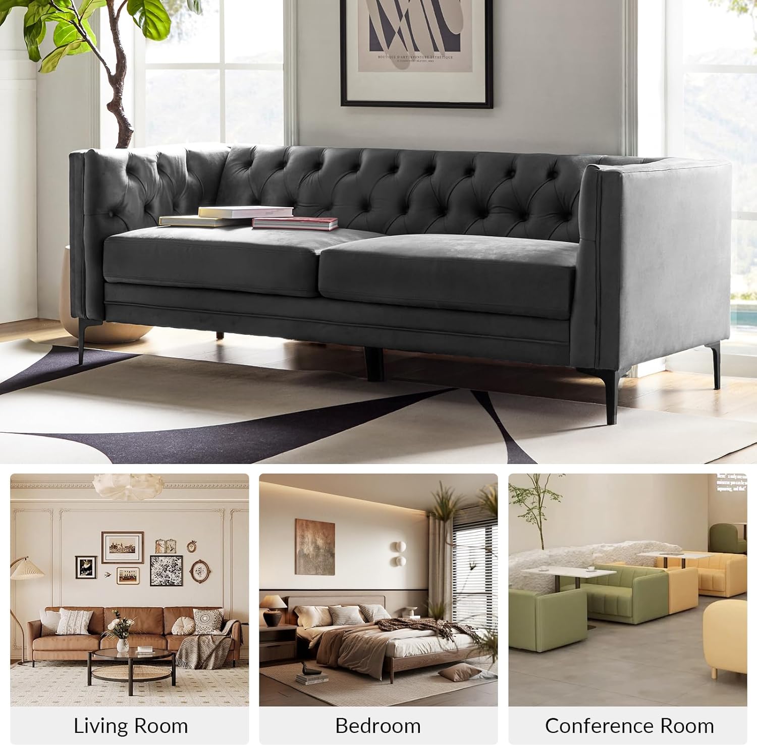 HULALA HOME 84" W Faux Leather Sofa Couch with Metal Legs, Button-Tufted 3-Seater Sofa, Mid Century Modern Contemporary Upholstered Couch for Living Room, Entertainment Area, Apartment,Grey