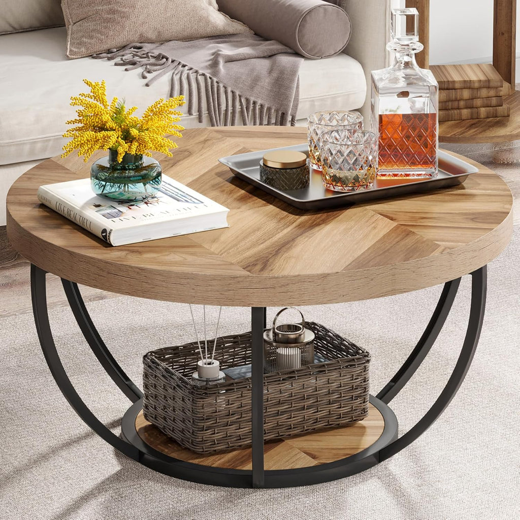 Tribesigns 31.7" Round Industrial Coffee Table with 2-Tier Storage Shelves, Modern Wood & Black Metal Accent Center Table for Living Room, Home Office – Easy Assembly