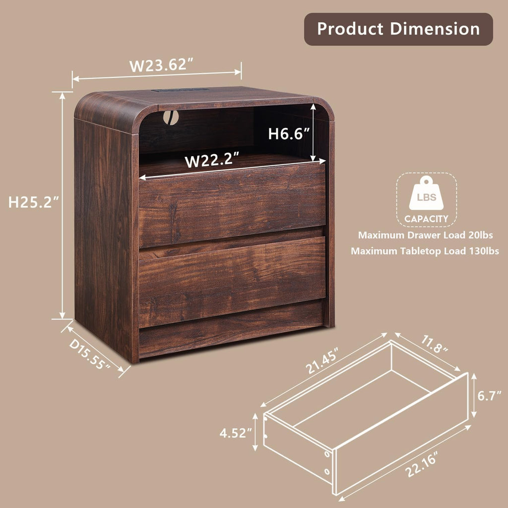 25" Tall Modern Nightstand Set of 2, 23.6'' Wide Wood Bedside Table w/2 Storage Drawers, Charging Station,Mid Century End Table for Bedroom, Living Room, Curved Profile Design, Brown
