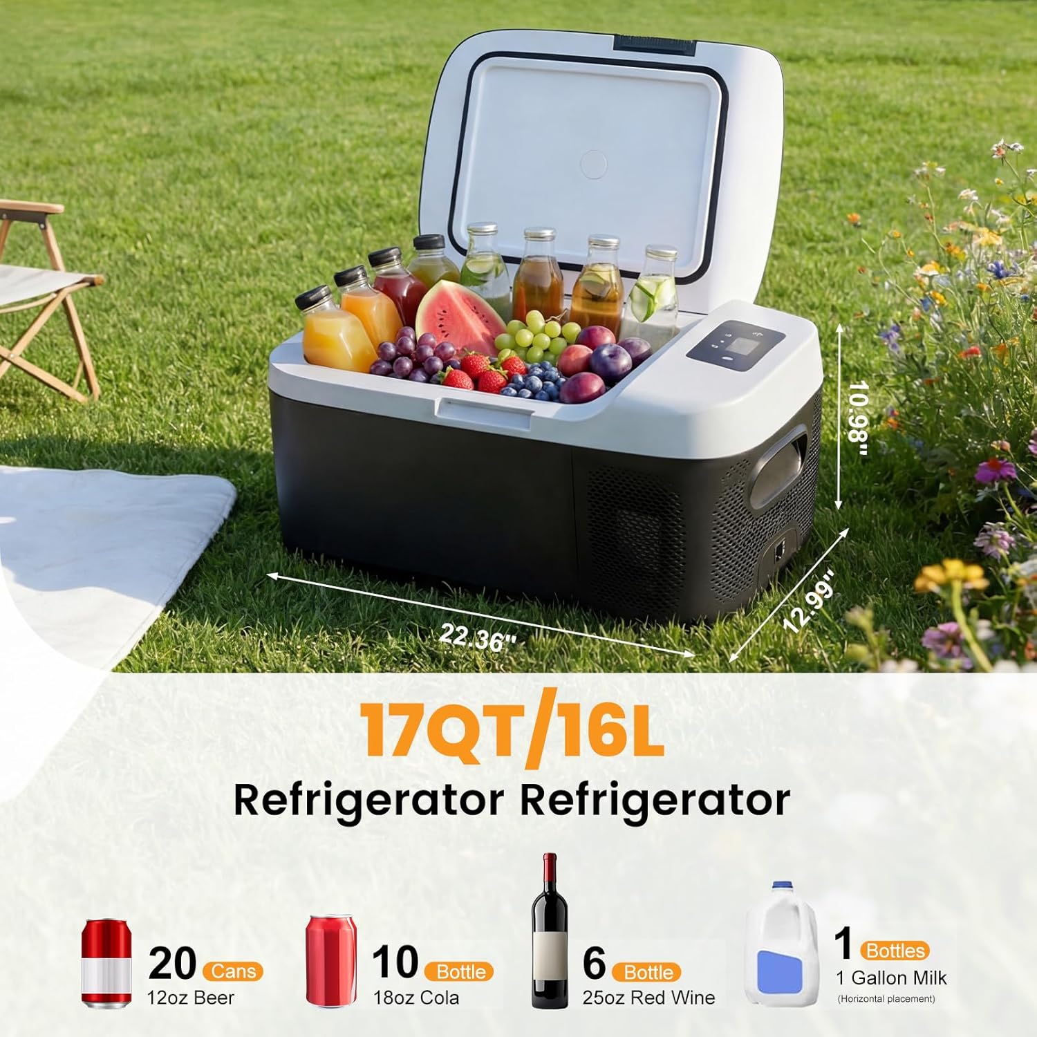 NEWBULIG 12 Volt Car Refrigerator, 17QT Single-Zone Electric Cooler for Vehicles, 12/24V DC & 100-240V AC, -4℉-68℉ Freezer, Bluetooth Control, Battery Protection & Child Lock for Travel, Camping