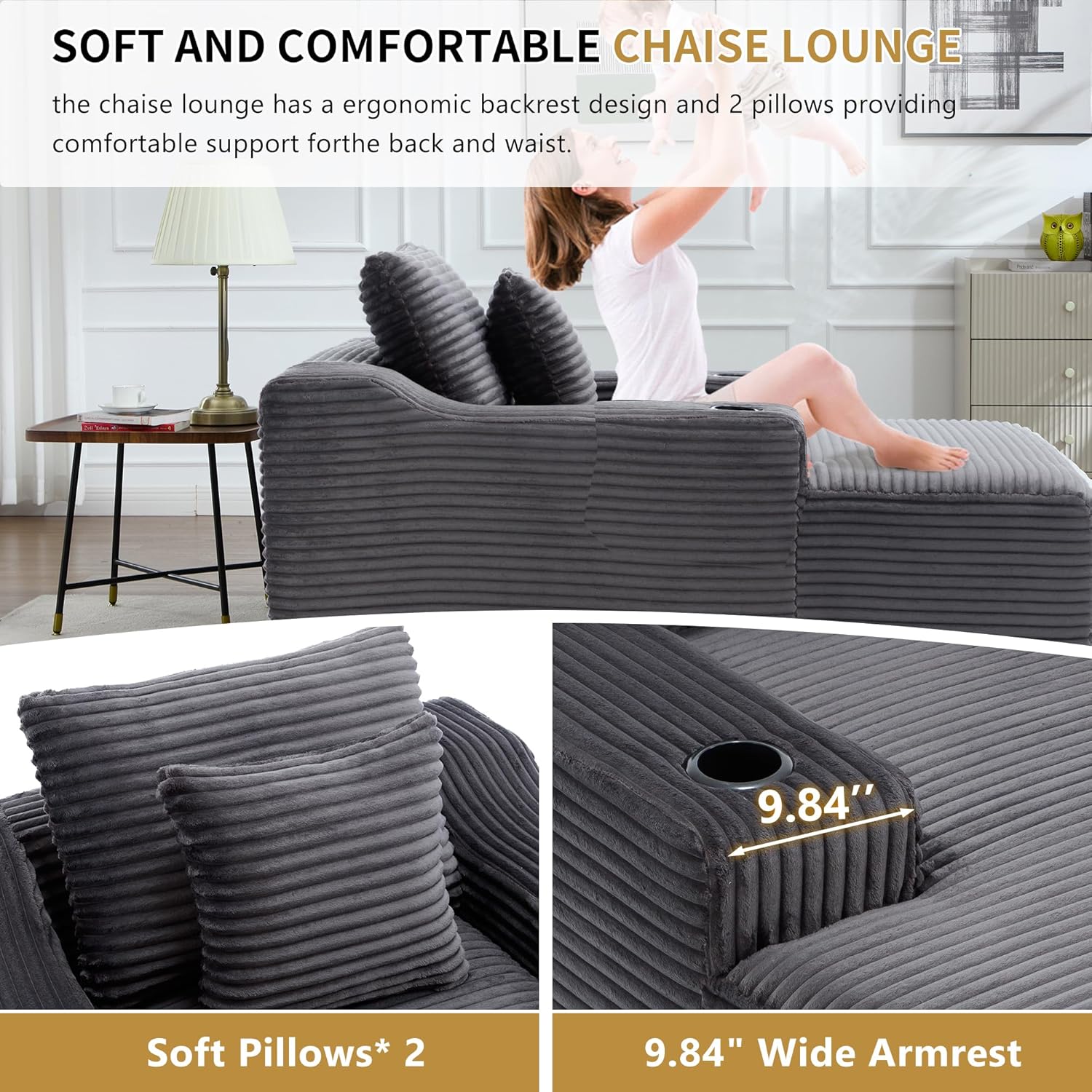 67" Oversized Chaise Lounge Chair Indoor, Soft Boneless Cloud Couch Chair with Wide Armrest Pillows and Cup Holders, Comfy Corduroy Sofa Bed Sleeper Couch for Living Room No Assembly Require,Dark Grey