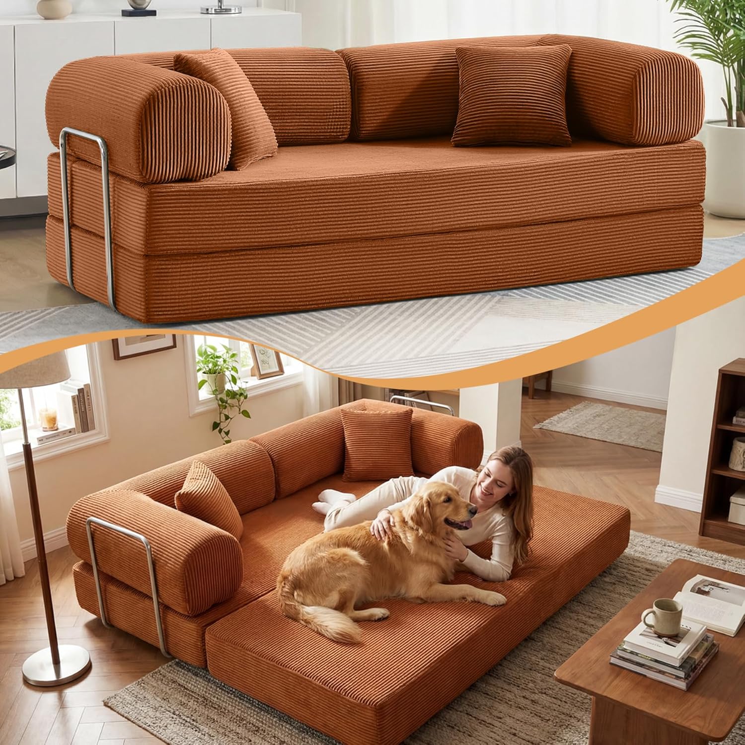 Sofa Bed, 79" Convertible Sleeper Sofa with Pull Out Bed, 5-in-1 Folding Corduroy Futon Couch, Modular Loveseat Sofa Bed for Living Room, Bedroom & Apartment, Brown