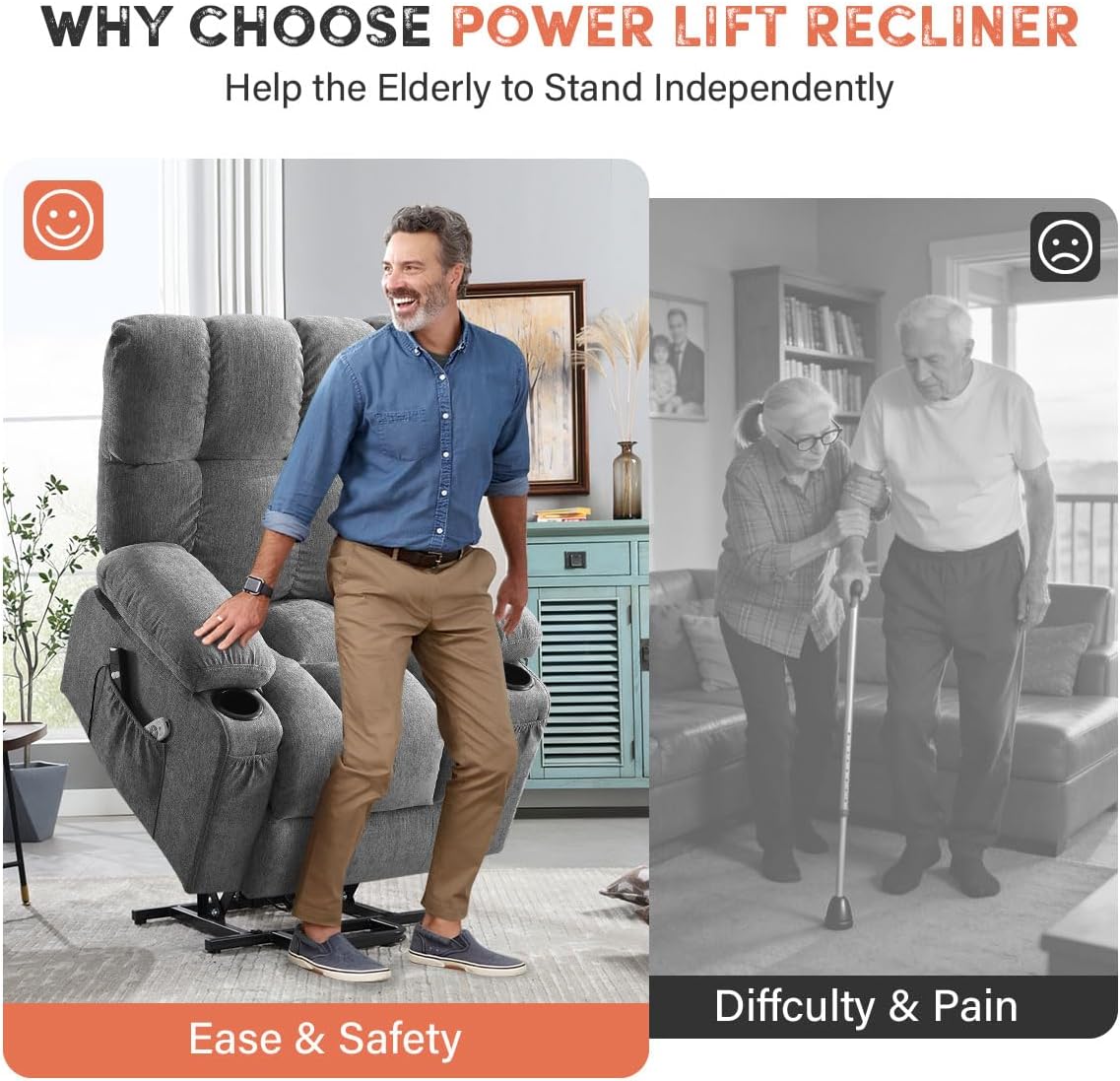 BOSMILLER Power Lift Recliner Chair with Massage and Heat for Elderly, Electric Recliner Single Sofa with Two Cup Holders, Extended Footrest, Side Pocket and USB Charge Port for Living Room
