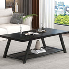 FOLUBAN Black Coffee Table with Storage, Modern Rustic Wood and Metal Coffee Tables for Living Room, 2-Tier Industrial Rectangle Cocktail Tea Table, 47 Inch