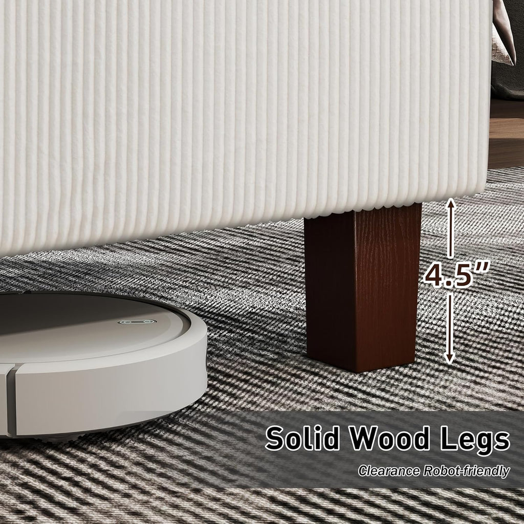 King Size 65.2" Upholstered Bed Frame with USB Charging Station,Soft Washable Corduroy Cover with Wingback Headboard, Solid Wood Legs/Noise-Free/No Box Spring Needed/Beige