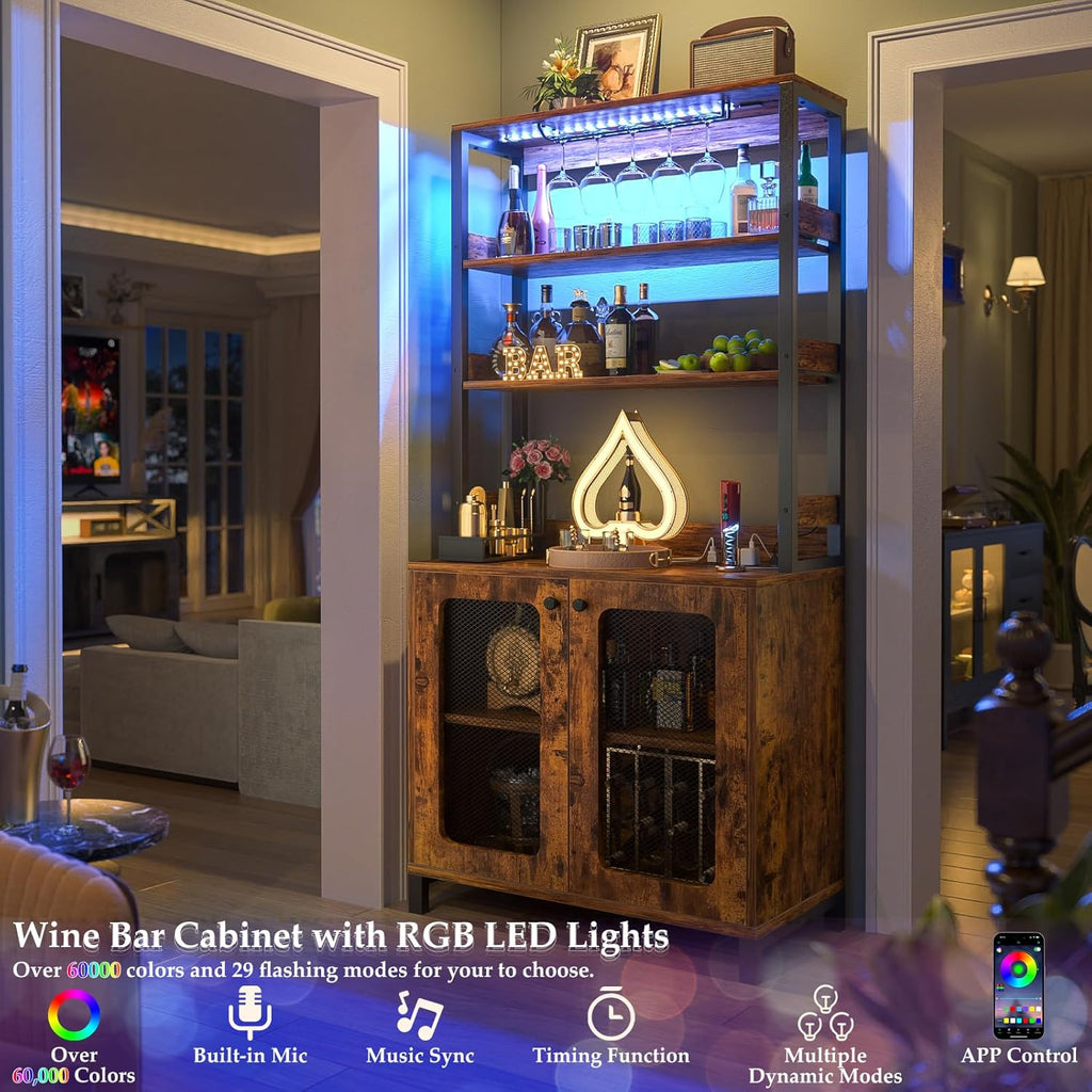 Aheaplus Bar Cabinet with Power Outlets, Wine Bar Cabinet Liquor Cabinet with LED Lights & Glass Holder, Coffee Bar Station, Microwave Stand, Rustic Brown