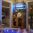 Aheaplus Bar Cabinet with Power Outlets, Wine Bar Cabinet Liquor Cabinet with LED Lights & Glass Holder, Coffee Bar Station, Microwave Stand, Rustic Brown
