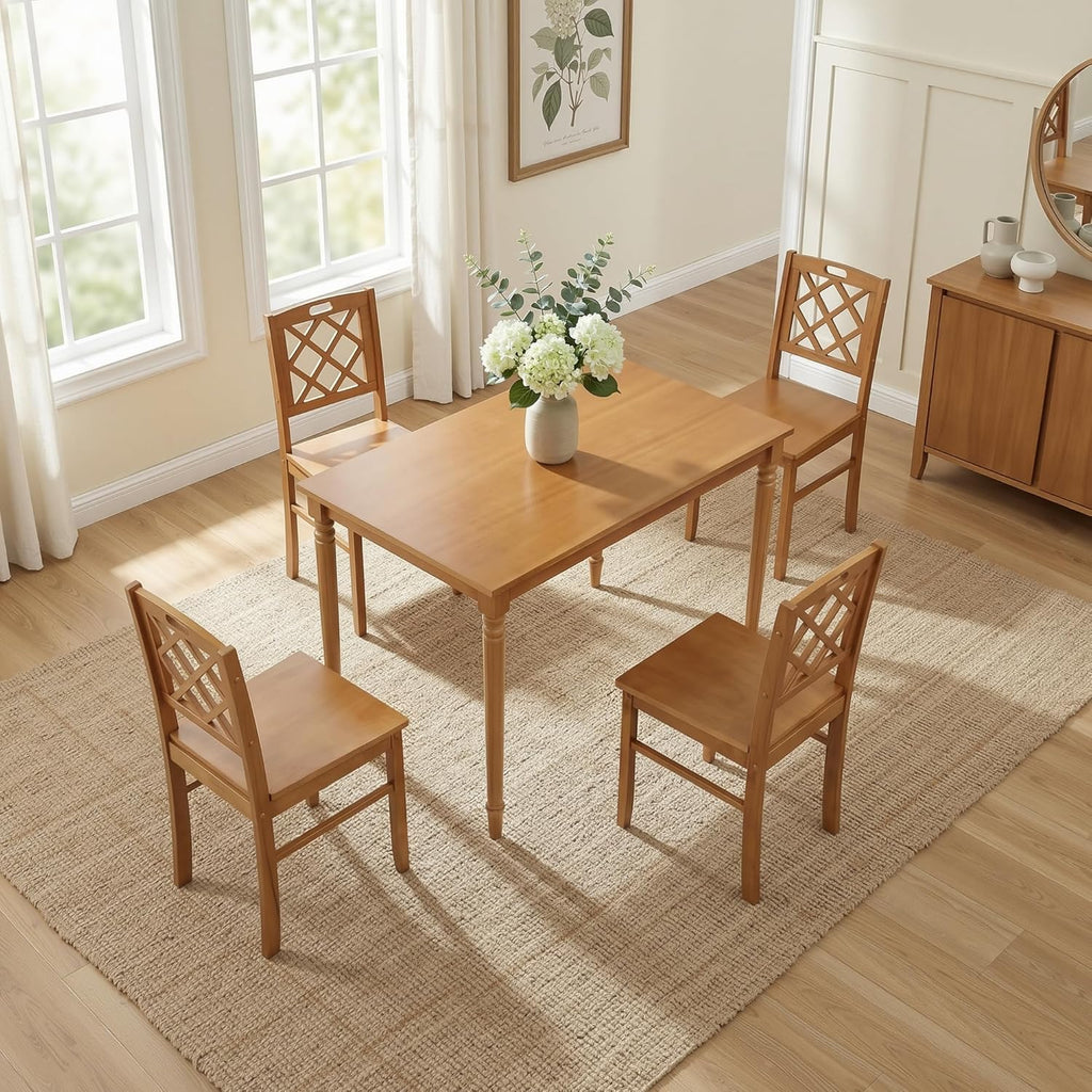 5-Piece Solid Wood Dining Table Set for 4, Farmhouse Rectangular Kitchen Table with 4 Soild Chairs, Space-Saving Design for Small Dining Room, Apartment, Breakfast Nook, Natural-Wood