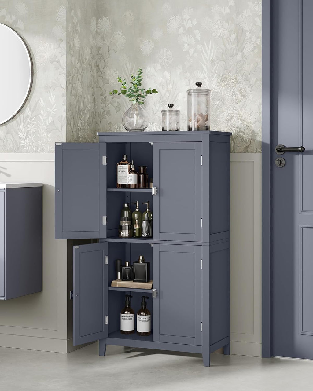 VASAGLE Floor Storage Cabinet, Freestanding Storage Unit with 4 Doors, Adjustable Shelves, 11.8 x 23.6 x 43.3 Inches, for Entryway, Bathroom, Slate Gray UBBC552G01