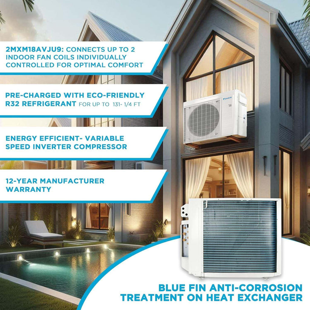 Daikin 18,000 BTU (9K + 12K) 21SEER2 2-Zone Mini Split Air Conditioner Heat Pump R-32 System with Maxwell 15 ft. Installation Kit and Wall Mounting Bracket