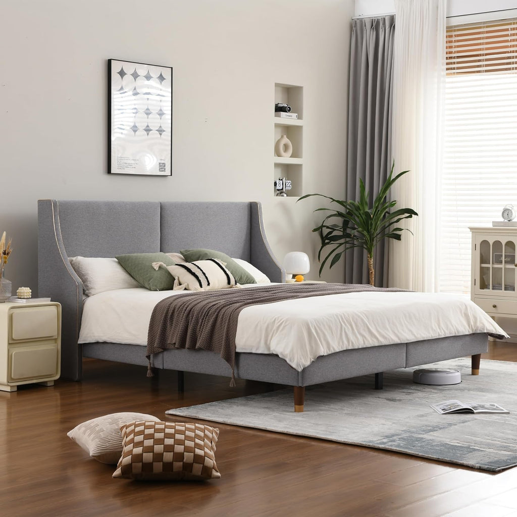 King Size Upholstered Platform Bed Frame with Wingback Headboard, Linen Fabric & Wooden Slats Support, Modern Golden PVC Material Edge for Bedroom,No Box Spring Needed, Easy to Assemble, Grey