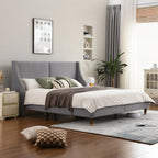 King Size Upholstered Platform Bed Frame with Wingback Headboard, Linen Fabric & Wooden Slats Support, Modern Golden PVC Material Edge for Bedroom,No Box Spring Needed, Easy to Assemble, Grey
