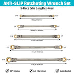 DURATECH Extra Long Anti-Slip Ratcheting Wrench Set, Double Box End Wrench Set, 5-Piece, SAE, 1/4 "-13/16 ", 72-Teeth, CR-V Steel, Grey Nickel Plating with Rolling Pouch