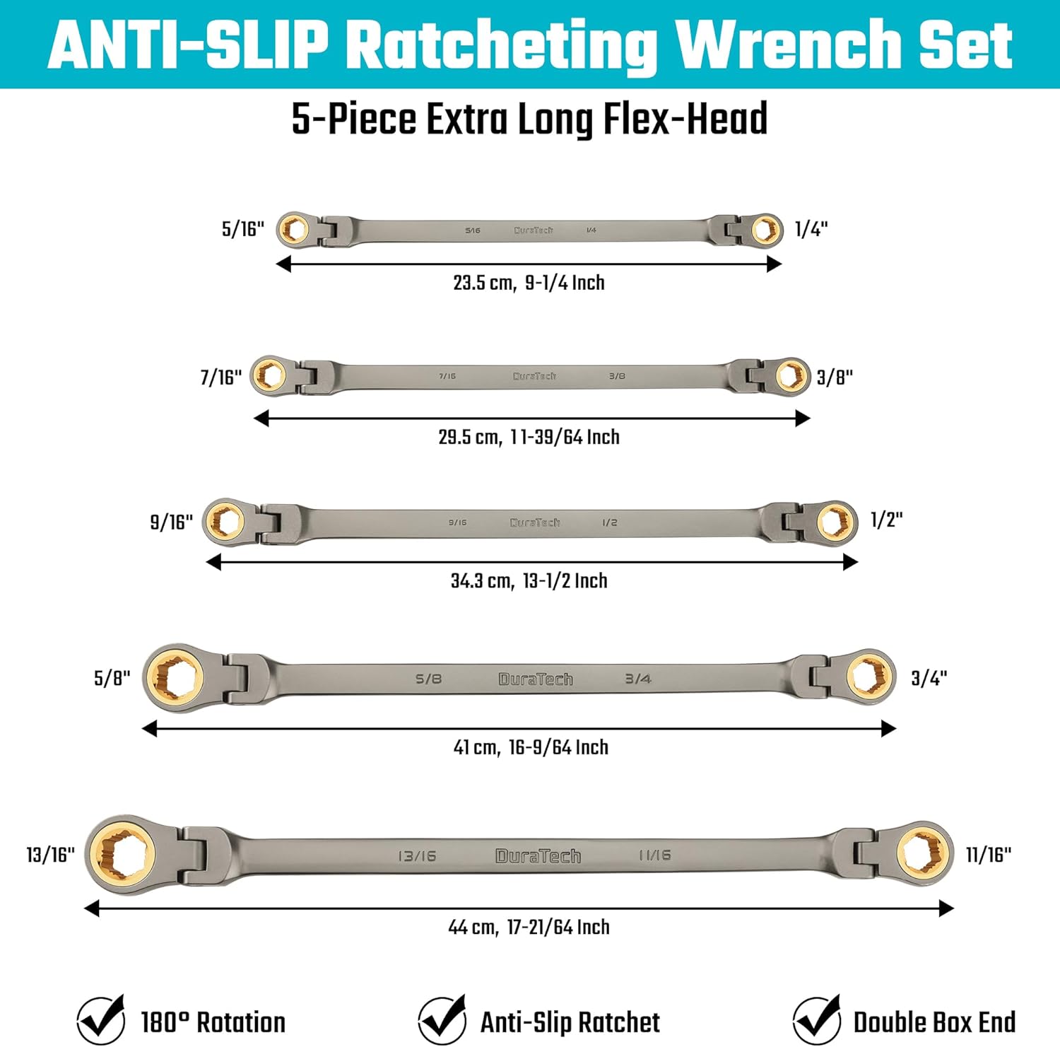 DURATECH Extra Long Anti-Slip Ratcheting Wrench Set, Double Box End Wrench Set, 5-Piece, SAE, 1/4 "-13/16 ", 72-Teeth, CR-V Steel, Grey Nickel Plating with Rolling Pouch