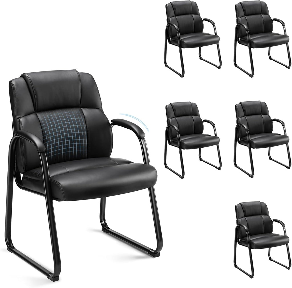 Sweetcrispy Waiting Room Guest Chair Set of 6, Leather Stationary Office Reception Chairs No Wheel, Comfy Padded Arms and Seld Base, for Conference Room Lobby Home Desk Bedroom Elderly, Black