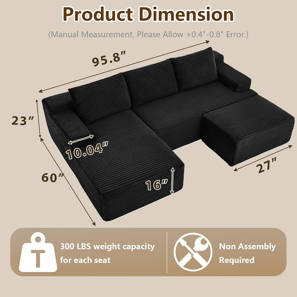 96" U-Shape Cloud Couch, Modern Modular Sectional L-Shape Sofa with Ottoman, Corduroy Upholstered Couches Deep Seat Sleeper Chaise Longue for Living Room, No Assembly Required(Black, Left Facing)