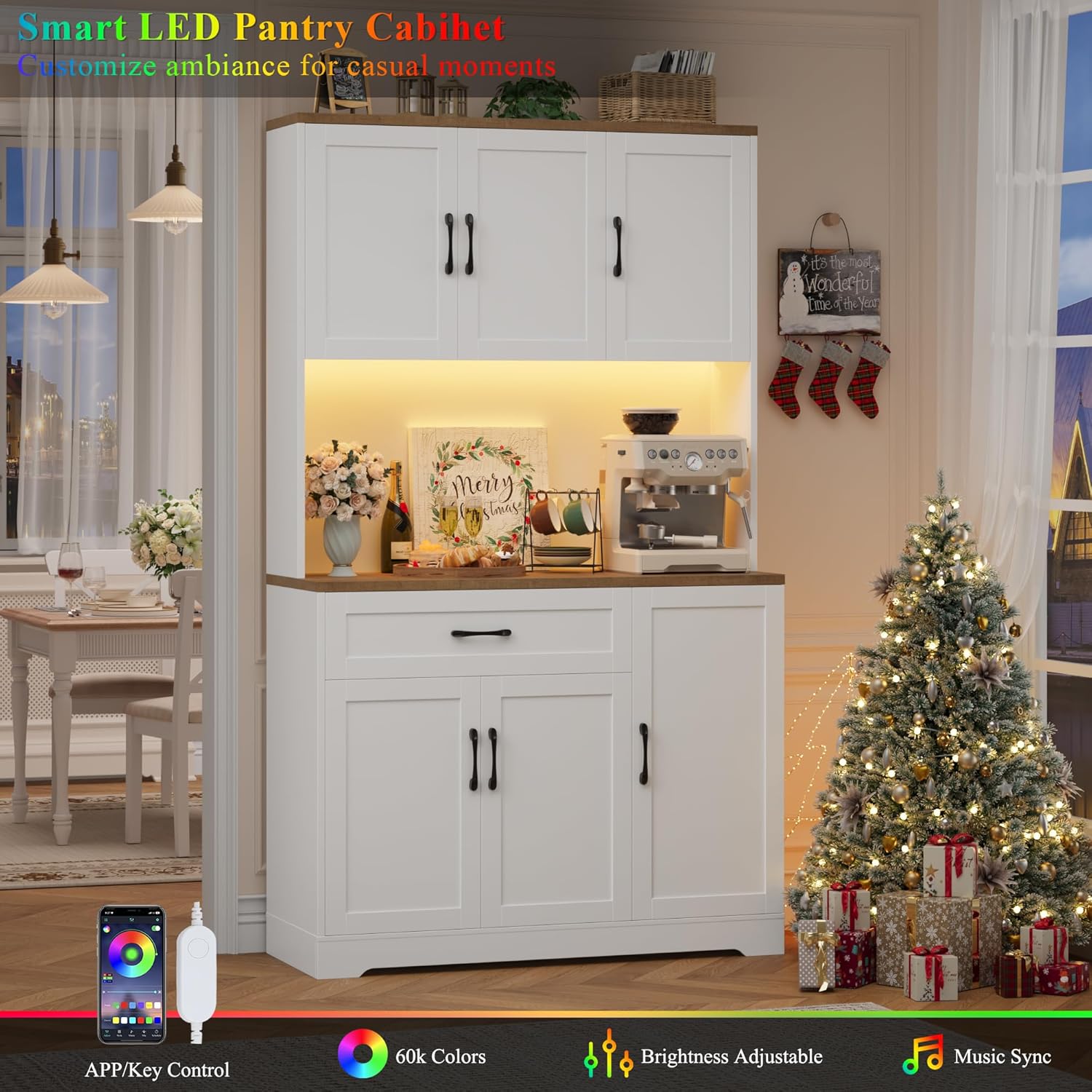 HIFIT 71" LED Pantry Cabinet with Power Outlet, Tall Kitchen Hutch Storage Cabinet with Microwave Stand & 6 Door Shelves, Modern Food Pantry Cabinets with Drawer for Kitchen Dining Living Room, White