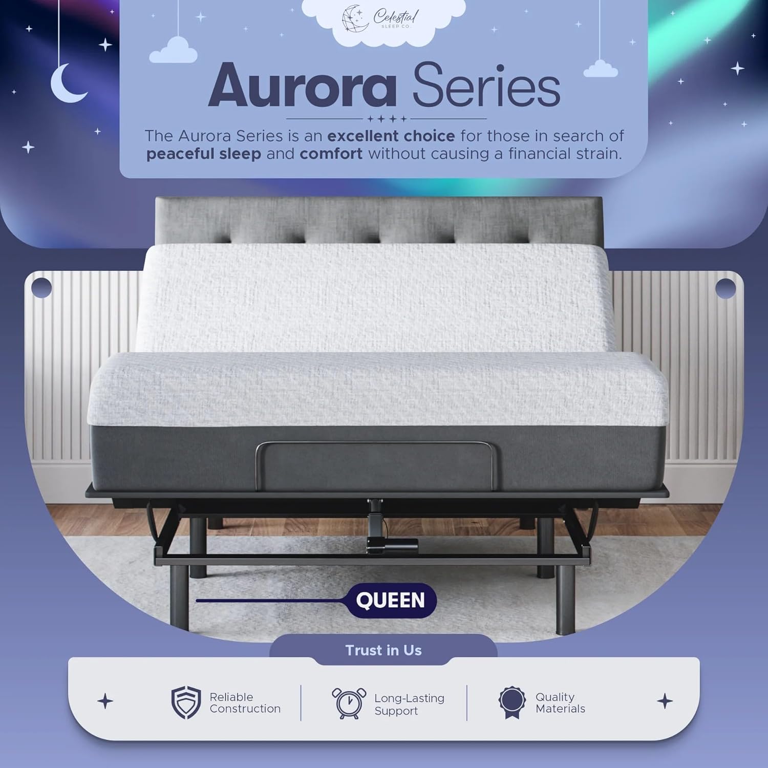 Celestial Sleep Aurora Adjustable Bed Base (Frame) + 12 inch Gel Memory Foam Mattress (Medium Soft), Easy Assembly, Head and Foot Lift, Zero Gravity, Memory Positions, CertiPUR-US Bed - Queen