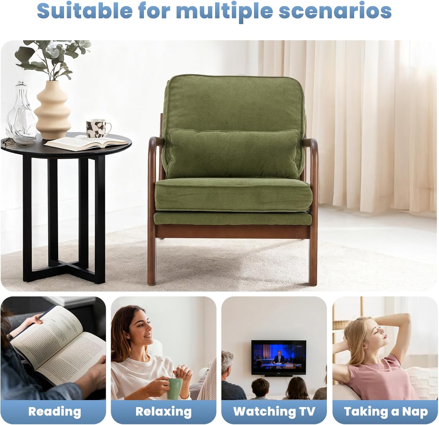 DUMOS Mid Century Accent Chair, Modern Living Room Chairs with Arms and Waist Cushion, Reading Chairs for Adults, Lounge Chair for Bedroom, Solid Wooden Frame, Classic Green