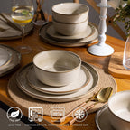 GBHOME 24 Pieces Double Bowls Ceramic Dinnerware Sets for 6, Stoneware Plates and Bowls Set with Reactive Glaze, Scratch Resistant Stoneware Dishes Set, Dishwasher & Microwave Safe