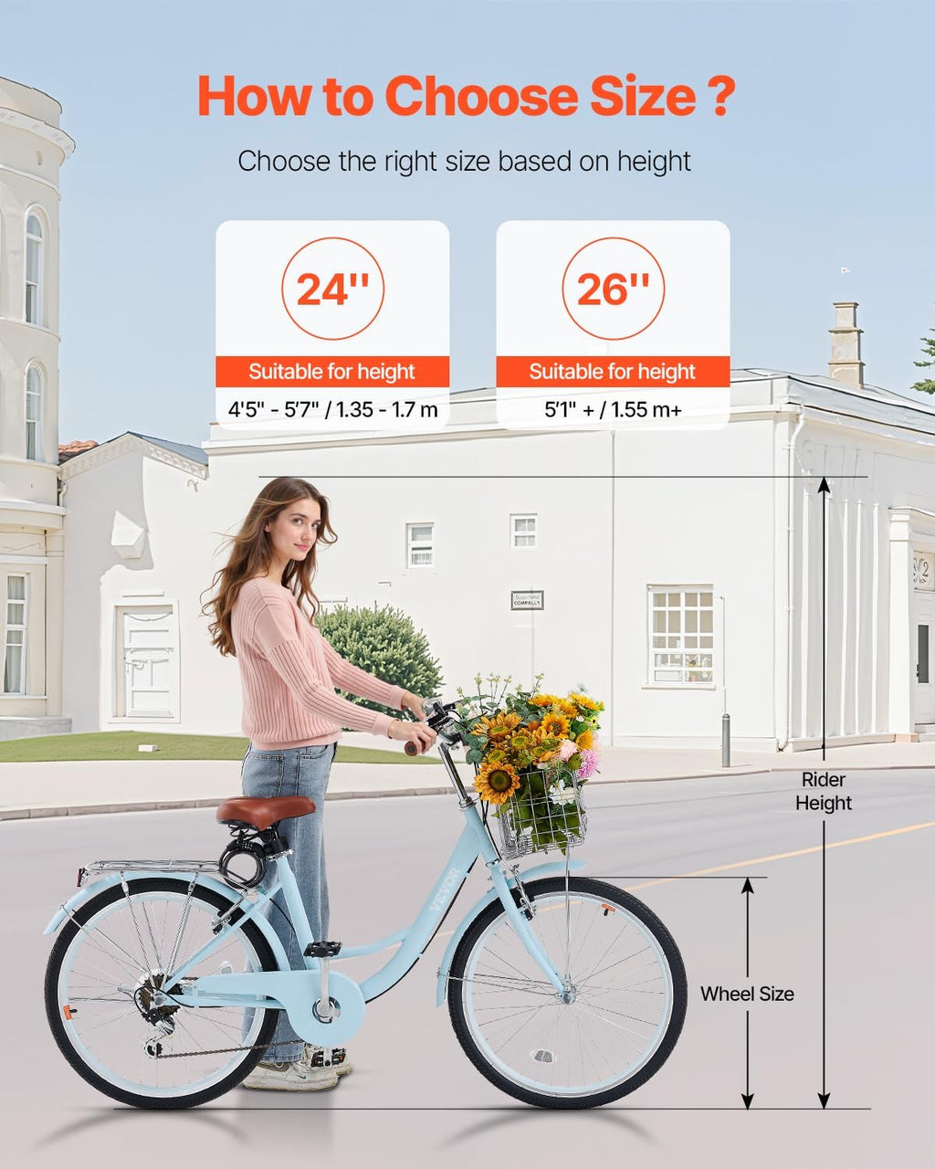 VEVOR Women Bike, 7-Speed and 1-Speed, 24-26 Inch Pink and Light Blue Beach Cruiser Bike, with Large Capacity Basket and Rear Rack, Adjustable Seat, Fits for Cycling, Exercise & Shopping