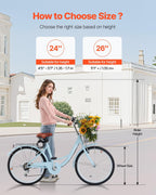 VEVOR Women Bike, 7-Speed and 1-Speed, 24-26 Inch Pink and Light Blue Beach Cruiser Bike, with Large Capacity Basket and Rear Rack, Adjustable Seat, Fits for Cycling, Exercise & Shopping