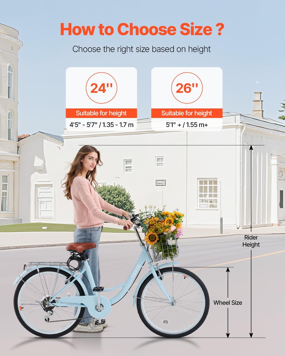 VEVOR Women Bike, 7-Speed and 1-Speed, 24-26 Inch Pink and Light Blue Beach Cruiser Bike, with Large Capacity Basket and Rear Rack, Adjustable Seat, Fits for Cycling, Exercise & Shopping