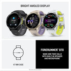 Garmin® Forerunner® 970  Premium GPS Running and Triathlon Smartwatch  AMOLED Display  Built-in LED Flashlight  Carbon Gray DLC Titanium with Black Case and Translucent Whitestone Band