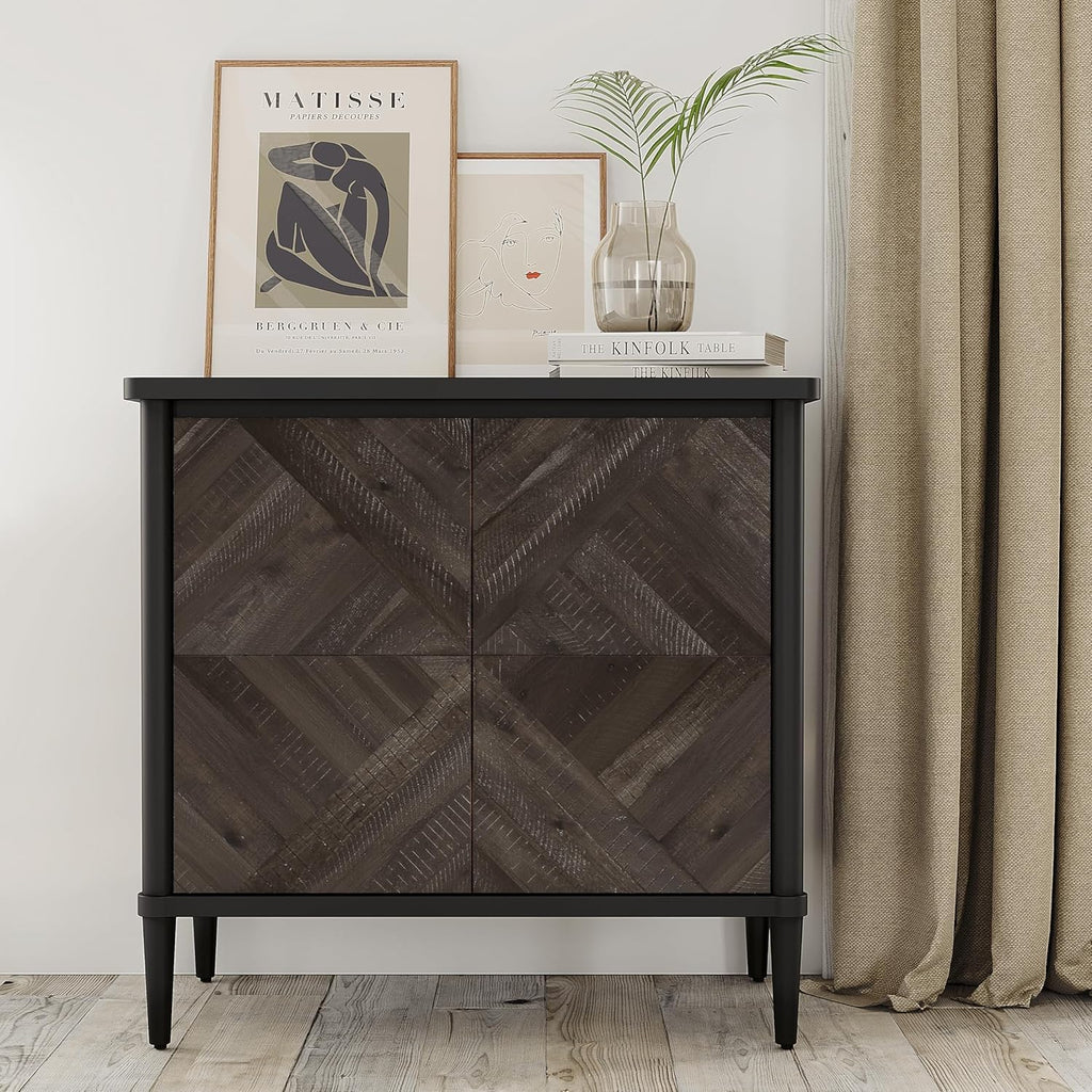 Howizz Lenia Solid Wood Storage Cabinet with Diamond Pattern Doors, Rustic Farmhouse Accent Cabinet for Living Room, or Entryway, Durable Acacia Wood, Mocha Black
