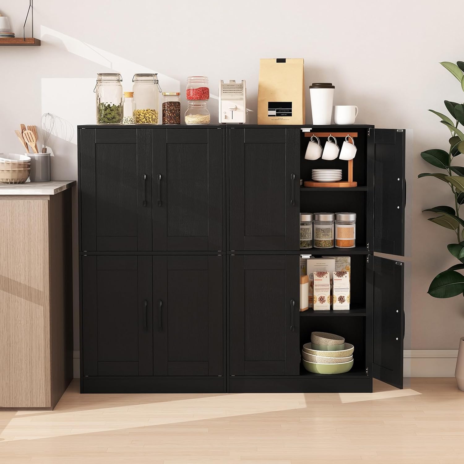 Giantex Bathroom Cabinet, 43.5” Storage Cabinet with Doors & Adjustable Shelves, Kitchen Pantry, Freestanding Storage Organizer for Living Room Dining Room (Black)