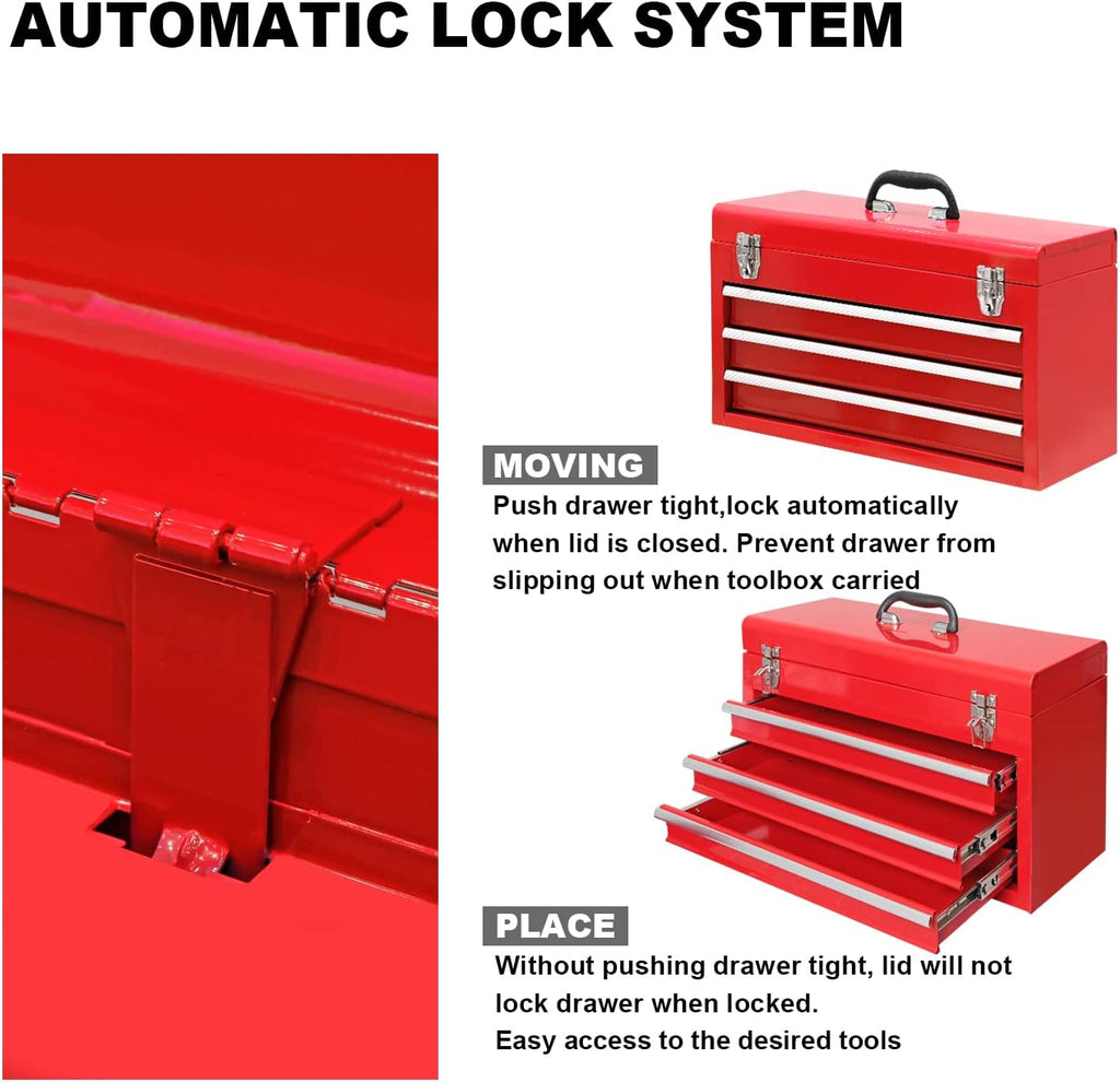 BIG RED ANTBD133-XB Torin 20.5" Portable 3 Drawer Steel Tool Box with Metal Latch Closure, Red