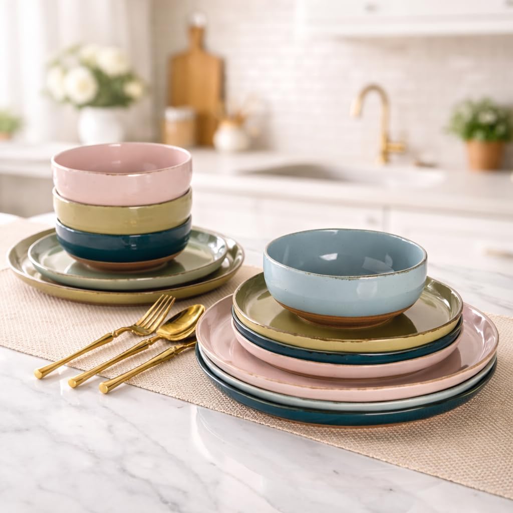 AmorArc Ceramic Dinnerware Sets for 4, 12 Pieces Handpainted Plates and Bowls Set with Rustic Terracotta Underside, Scratch Resistant Stoneware Dishes Set, Dishwasher & Microwave Safe, Multi-Color