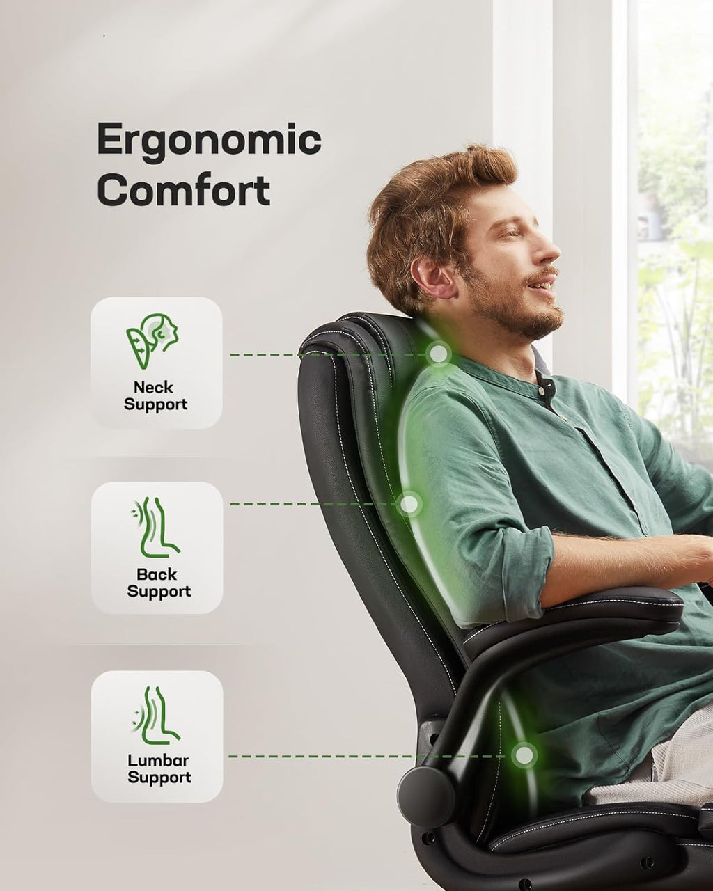 Marsail Executive Office Chair Ergonomic Desk Chair with Flip-up Armrests PU Leather Height-Adjustable Swivel Rolling Dark