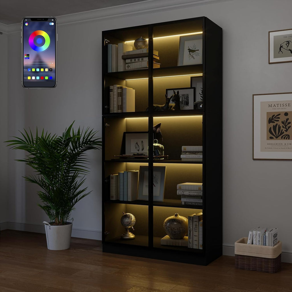 78.7" Display Cabinet with 4 Glass Doors, 5 -Tier Storage Cabinet with APP Control LED Lights, Tall Black Bookcase with Storage, Wooden Display Case for Collectible, Living Room, Office(Black)